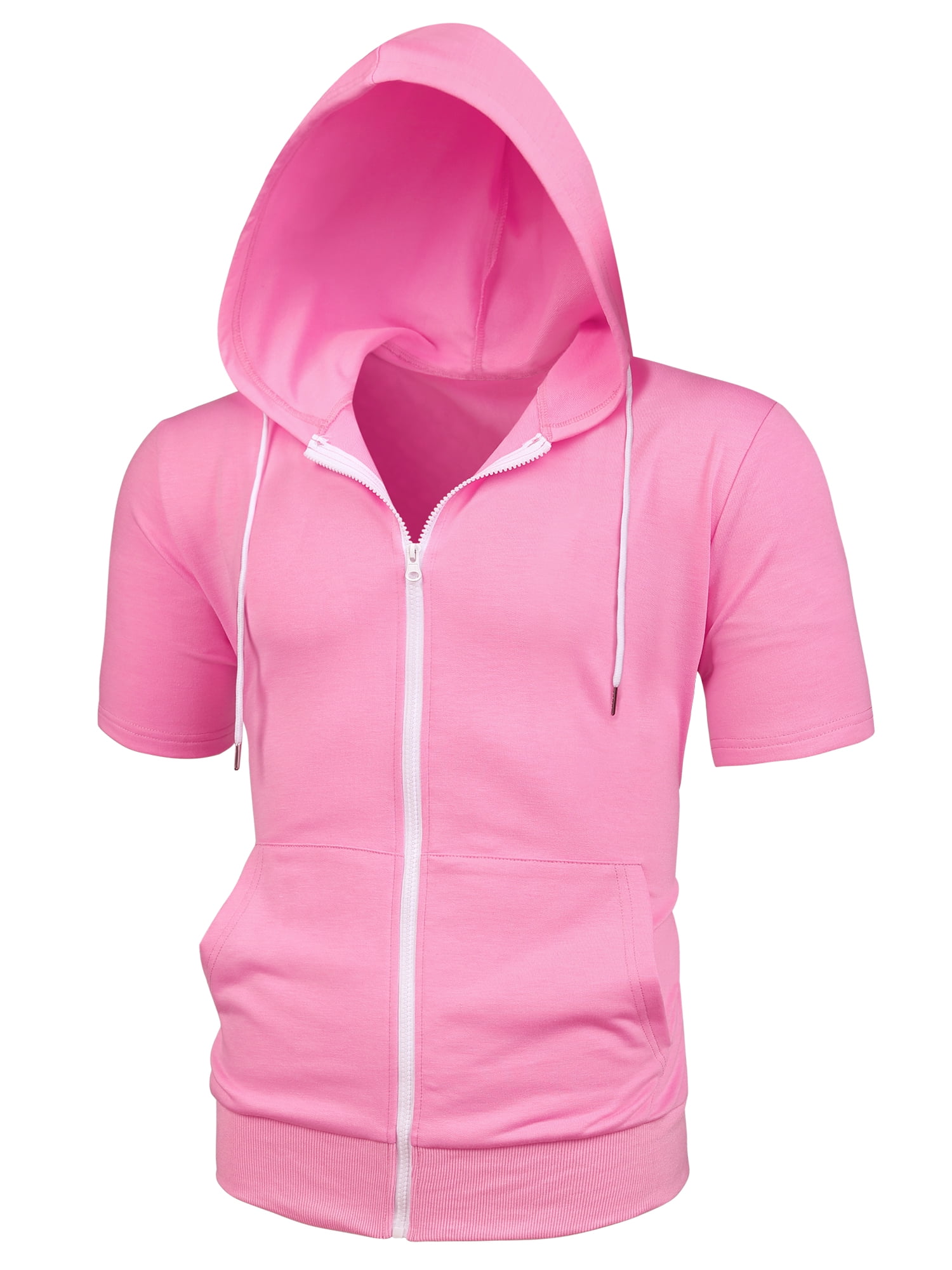 Unique Bargains Men's Short Sleeve Solid Color Zip Up Sport Hoodies M Pink