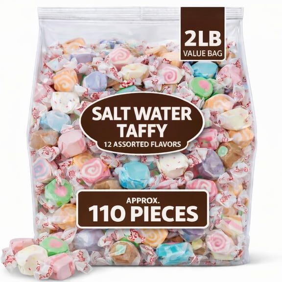 Salt Water Taffy 12 Assorted Flavors | 2 Pounds (Approx. 110 Pieces) | Individually Wrapped Bulk Nostalgia Candy | Great For Any Occasion!