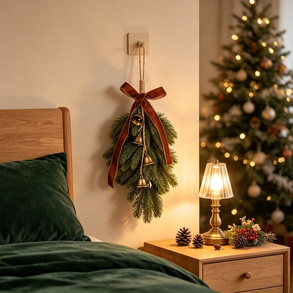 Aurorax Christmas Wreaths for Front Door,Indoor Christmas Wreath Decorations with Bells Bows Berries Green Pines Branches Farmhouse Hanging Wall Decor for Mantel Window