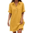thumbnail image 2 of QUNYINEY Plus Size Dresses for Women Faux Cotton Linen Midi Summer Short Sleeve Shirt Dress Loose Fit with Pockets Button Collared Solid Dresses, 2 of 6