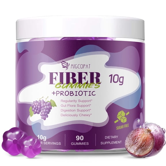 Migcopat Fiber Gummies with Probiotics, Grape Flavor, No Sugar Added, Supports Digestive & Gut Health, 90 Gummies