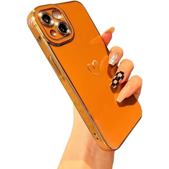 Compatible with iPhone 13 Case for Women Girls, Cute Gold Plating Love Heart Phone Case, Shockproof Full Camera Lens Protection Phone Cases for iPhone 13-6.1'' Brown