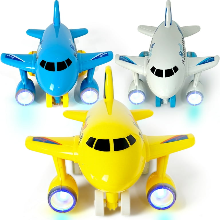 Kidsthrill Mini Friction Powered Airplanes with Lights and Air Plane Sounds - Set of 3 Push and Go Toy Travel Set Planes for Toddler Kids