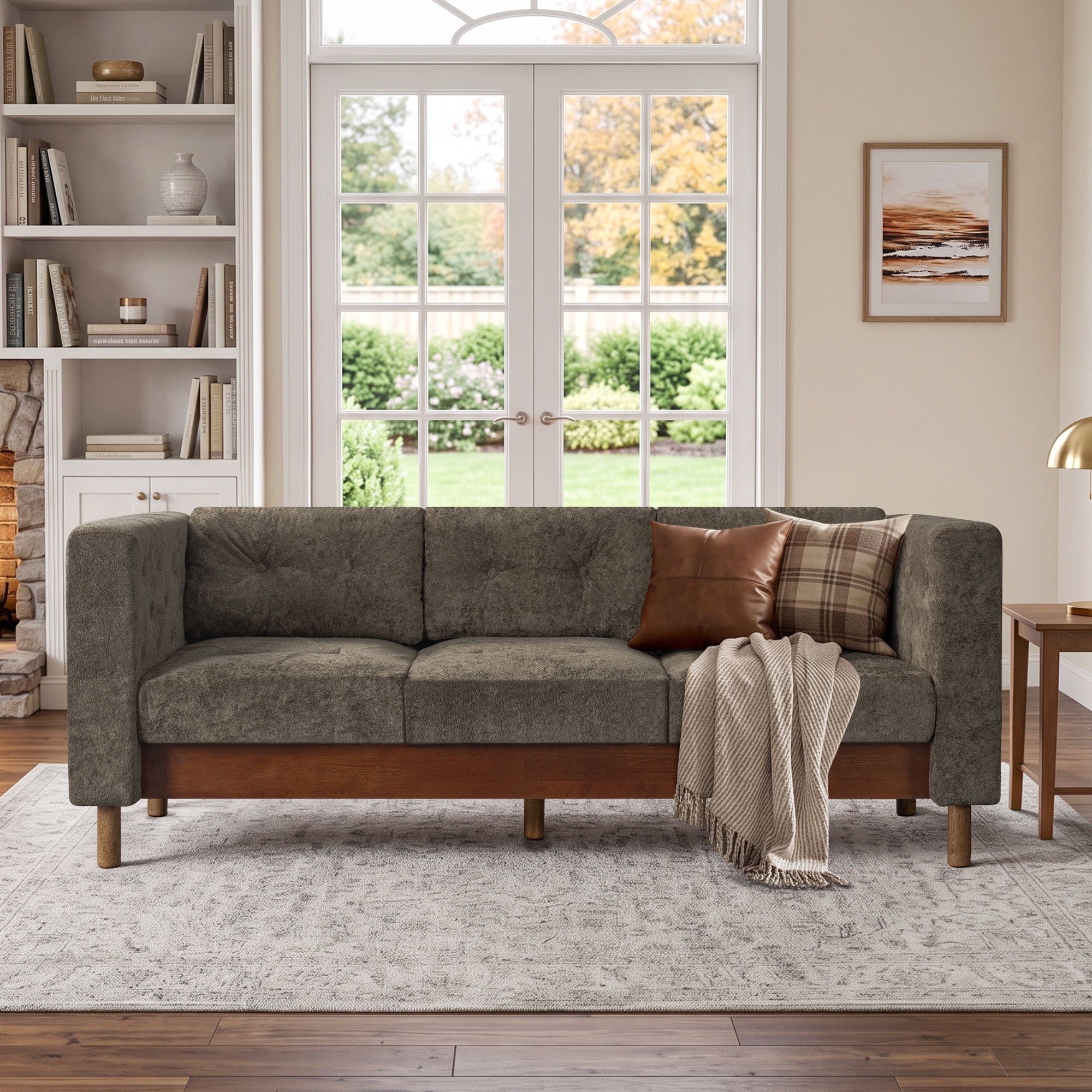 Lunale 78" Chenille 3-Seater Sofa, Modern Mid‑Century Upholstered Couch for Living Room, Apt., Tufted Design & Wood Legs, Dark Brown