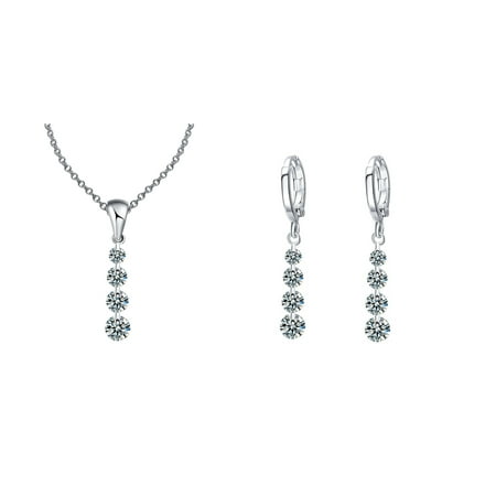Crystal Round Stone Earring Necklace Choker Set Silver Tone Setting woman's jewelry J- 226