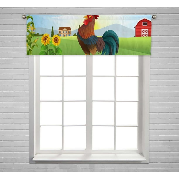 PKQWTM Cartoon Rooster Crowing At Farm Field Morning Sun Rising Window  Curtain Valance Rod Pocket 54x18 inch 