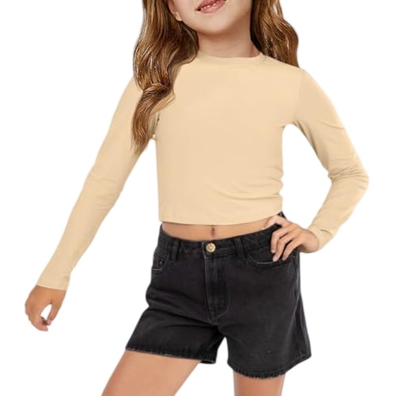 Lumtrix Girls Crop Tops Long Sleeve Shirts Crewneck Ruched Side Slim Fit Blouses Casual Tee Shirt 4-15 Years Beige 140