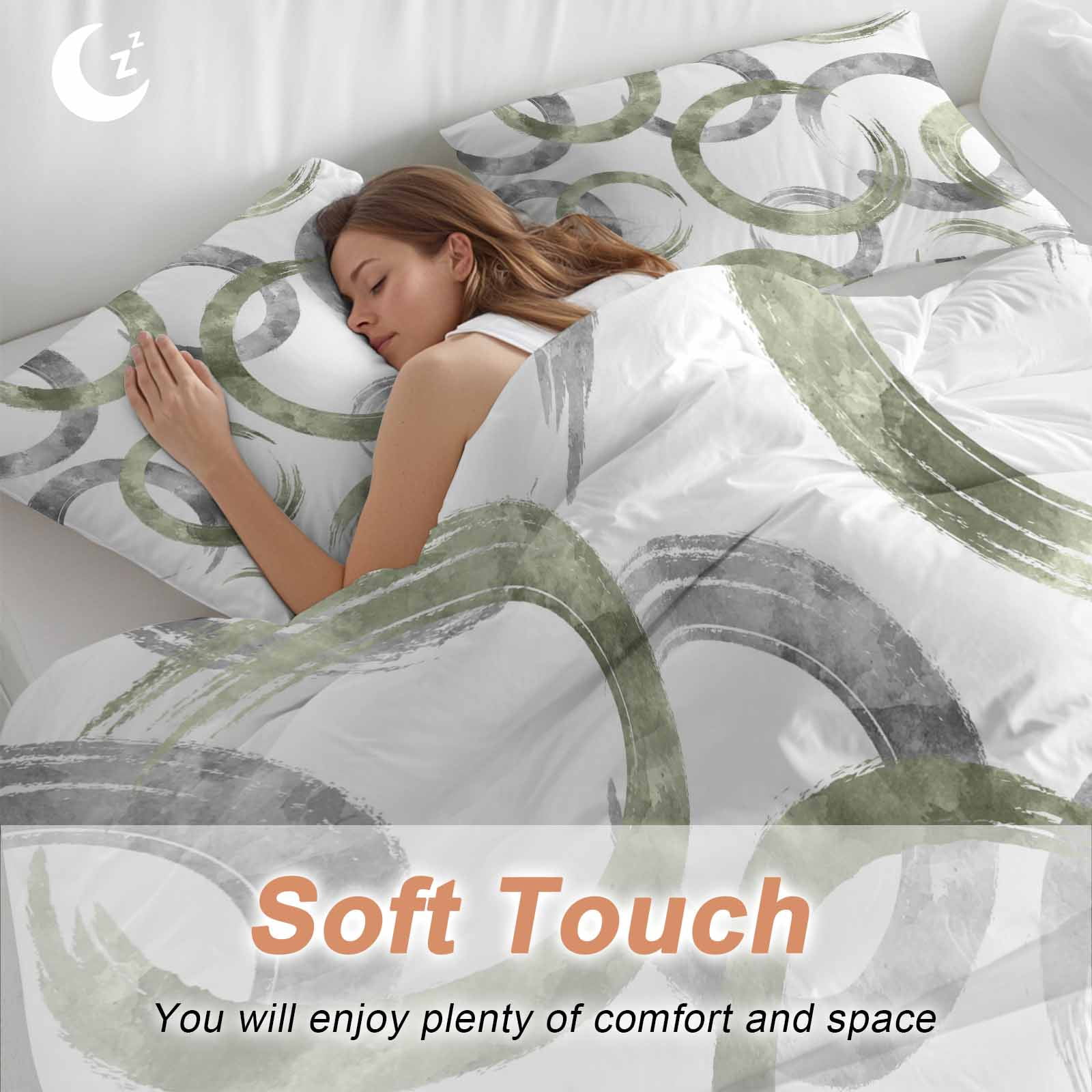 Sage Green Grey Bedding 3 Piece Duvet Cover Set Twin Size, Geometric Circle Modern Abstract Simple Art Soft Microfiber Comforter Cover with Zipper Closure & Pillowcases, FadeResistant Quilt Cover
