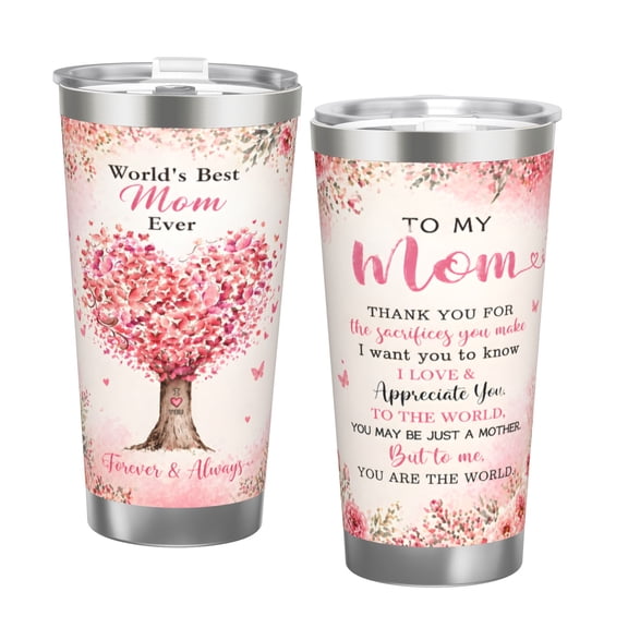 20oz Travel Tumbler with Heart Tree Design for Mom Thank You Gift for Mothers Day Inspirational Stainless Steel Cup with Silver Trim
