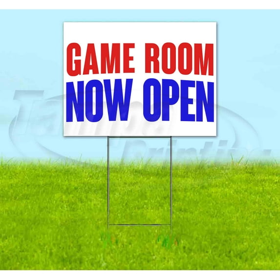 Game Room Now Open (18" x 24") Yard Sign, Includes Metal Step Stake