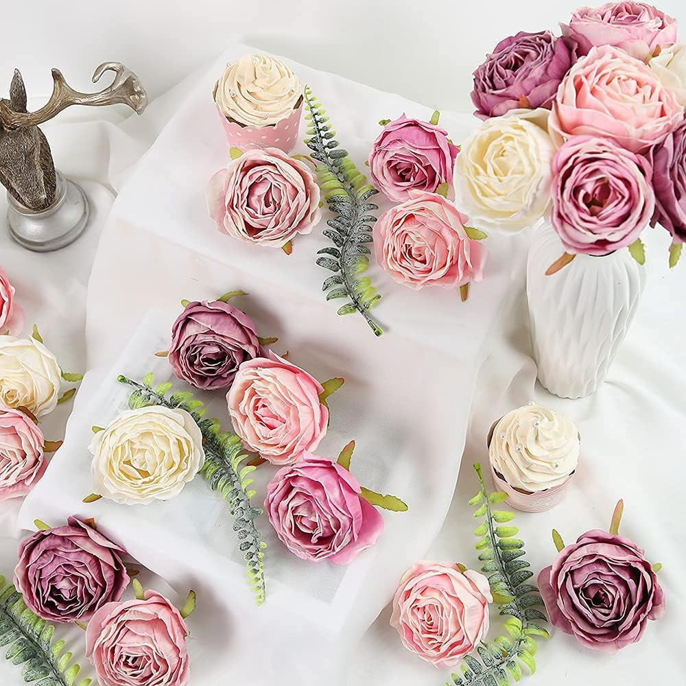 Roses Heads Dried Silk Flowers Fake Roses Heads for Floral Arrangements Roses Artificial Flowers for Silk Bouquet Bulk Wedding Flowers in Purple Bulk Silk Roses (Light Pink Purple Mixed)