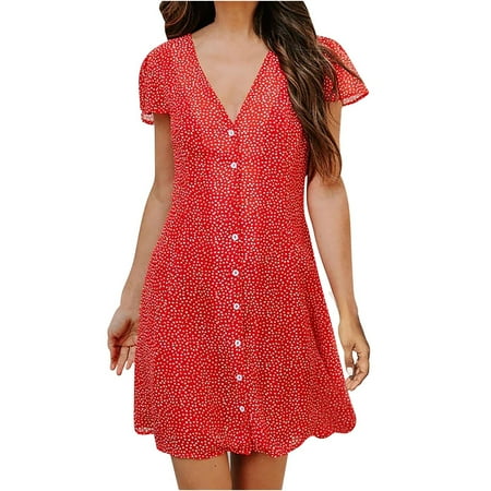 

Juebong Fashion Women Summer Casual V-Neck Dot Print Short Sleeve Mini Dress