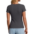 thumbnail image 3 of Dwellite Women's Short Sleeve Tops Ribbed Henley Button Up Shirt Slim Fitted Basic Casual Blouse Spring 2026 Dark Gray 2XL, 3 of 6