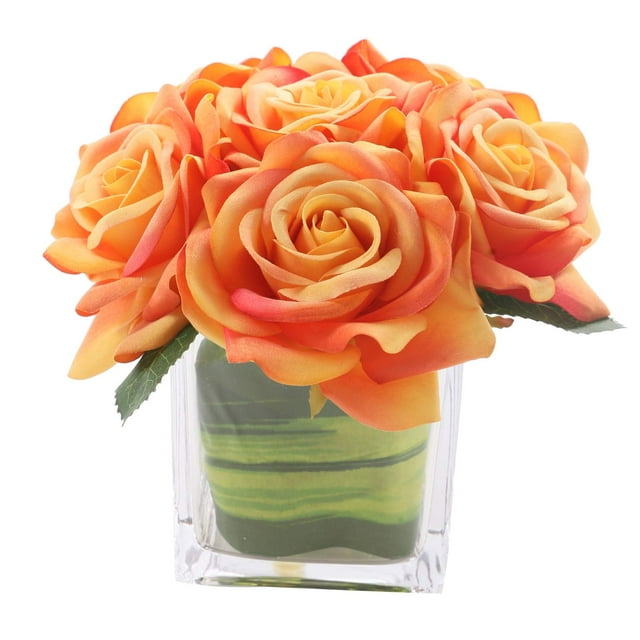 Fule Arreglo de centro de mesa de rosas de terciopelo artificial en jarrón para decoración del hogar y boda (naranja)