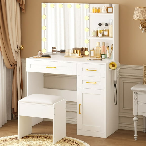 Tomnk White Vanity with Lights Mirrors, Makeup Vanity Desk with Drawers and Chair, Power Outlet