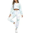 thumbnail image 1 of Seyurigaoka Women’ s Tie-Dye Print Round Neck Long Sleeve Crop Top+ Trousers, 1 of 5