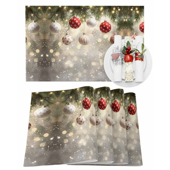 Christmas Placemats Set of 6, Christmas Balls Place Mats Pine Tree Snowflake Placemat Table Decoration for Kitchen Table Dinner Xmas Holiday Party Home Decor Indoor Outdoor 13x19 Inch