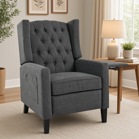 Manual Adjustable Wingback Recliner Chair with Foldable Side Table & USB Charging, Pushback Recliner with Diamond Tufted Design, Comfy Lounge Chair for Living Room Bedroom Office Apartment, Dark Gray