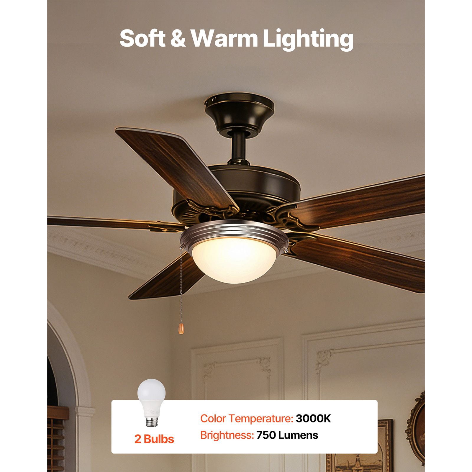 Ceiling Fan Light Kit 10.87 Inch 2x3000K 750lm Bulbs Alabaster Glass Alloy Steel Pull-Chain for Living Room Bedroom