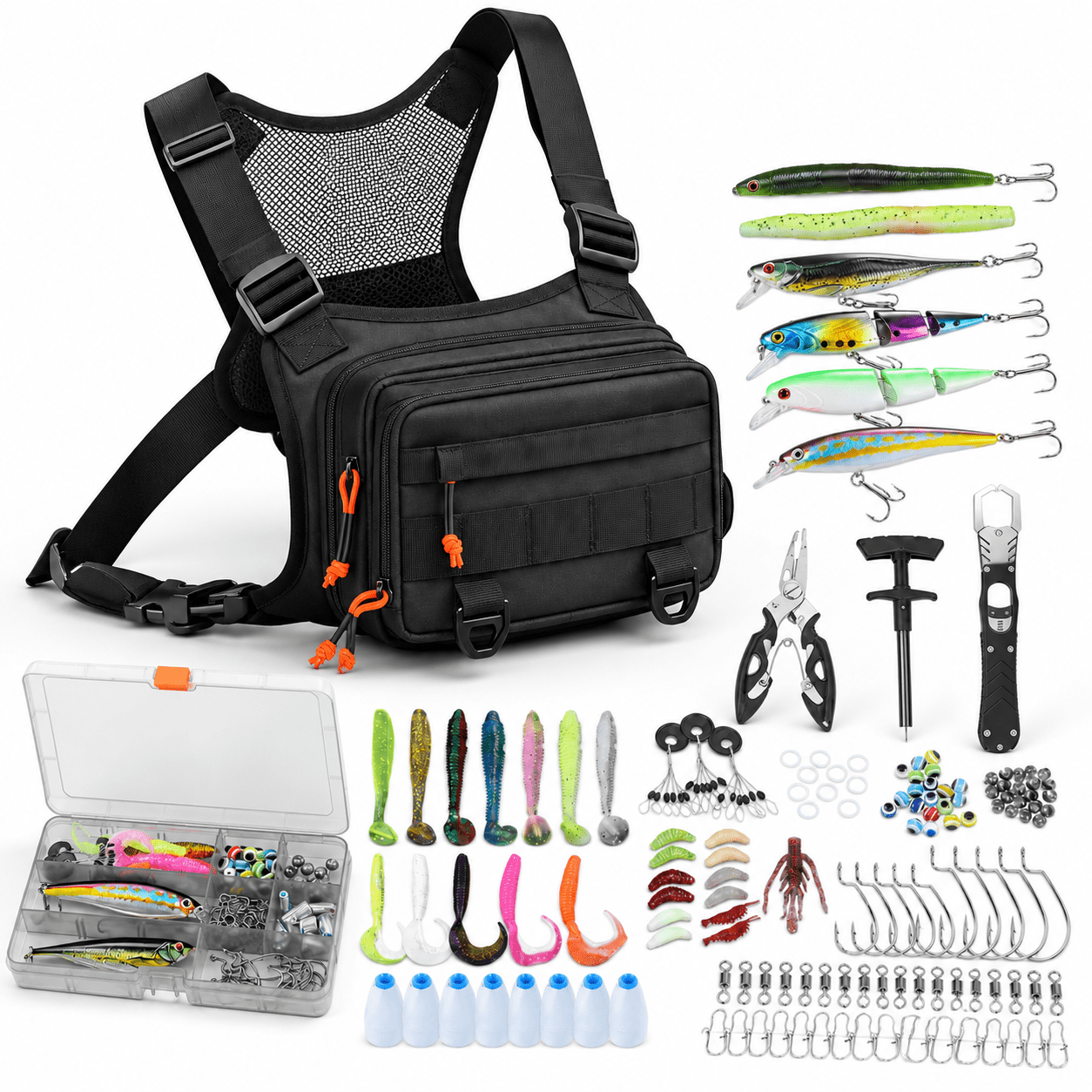 Black All-In-One Fishing Chest Pack Tackle Bag with Lures and Tools