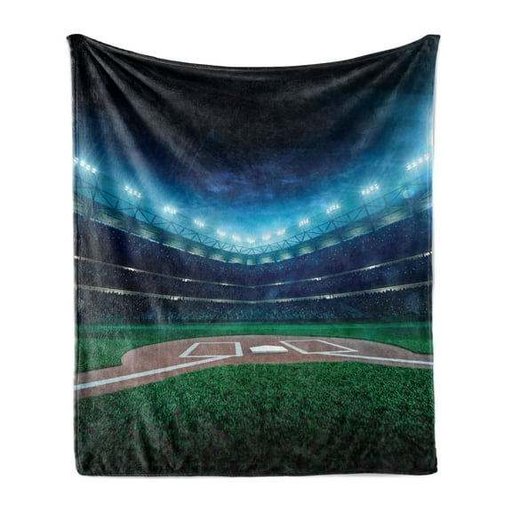 Baseball Soft Flannel Fleece Blanket, Professional Baseball Field at Night Vibrant Playground Stadium League Theme Print, Cozy Plush for Indoor and Outdoor Use, 70" x 90", Green Blue, by Ambesonne