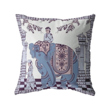 Palace Elephant Indoor/Outdoor Pillow with Removable Cover in Blue on Purple16x16