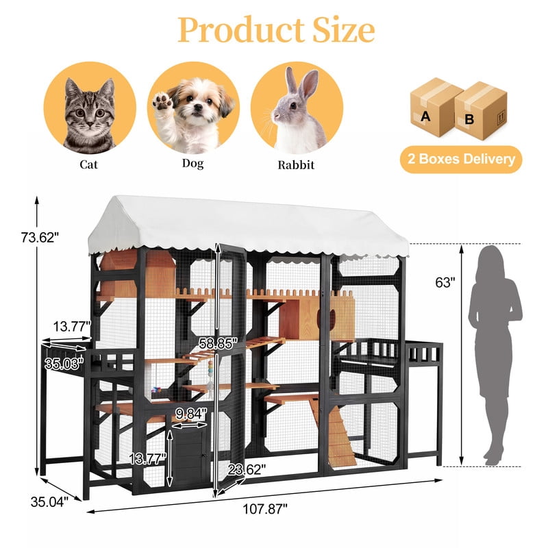 Mirightone Catio Outdoor Cat Enclosures Window with Wire Mesh & 2 Plant Stands, Large Outside Cat House with Weatherproof, Resting Box, Climbing Ramps for Backyard - Black