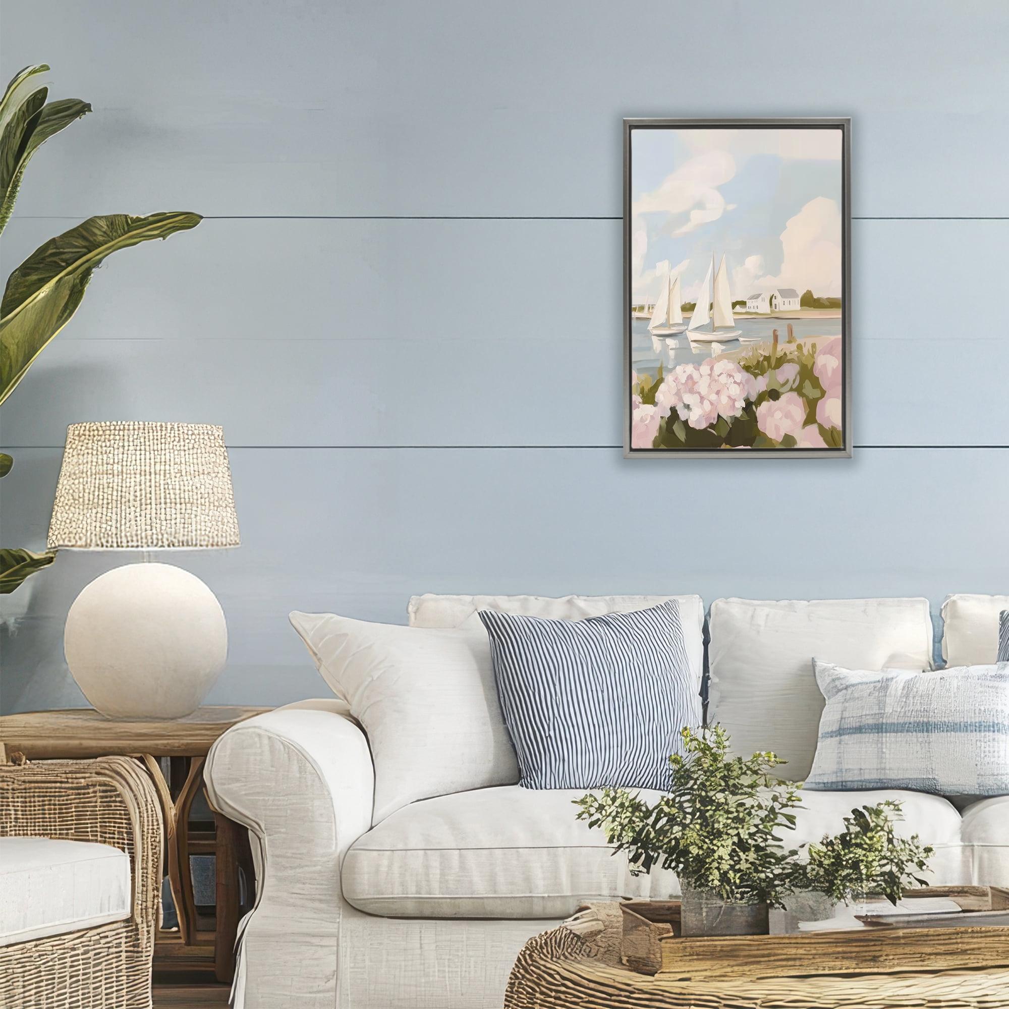 Stupell Industries Pink Hydrangeas with Sailboats Gray Framed Floater Canvas Wall Art, design by Sisi and Seb