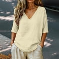 thumbnail image 4 of LIZUOJUN Women's Short sleeve T-shirt Linen Blend 3/4 Sleeve Blouse V Neck Casual Loose Solid Color Shirts for Women,Beige L, 4 of 7