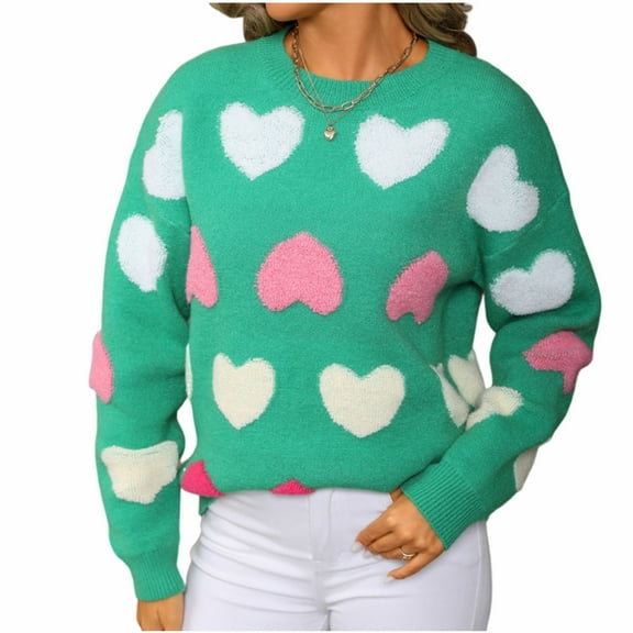 XPMWRP Women's Cute Heart Winter Warm Sweater Knitted Top Casual Crewneck Long Sleeve Blouses Fashionable Sweaters Pullover Green S