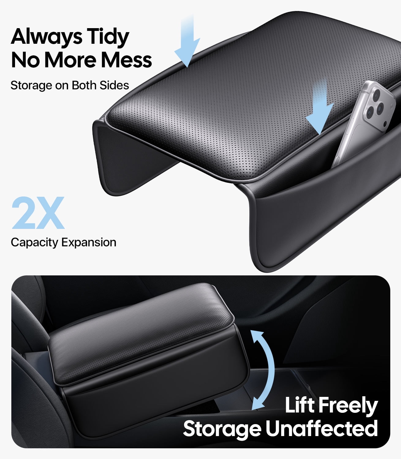 Wigoo Center Console Lid Cover for Tesla Model Y Juniper 2025-2026 & Model 3 Highland 2024-2026 (Standard, Premium & Performance), [Soft Support] Nappa Leather Armrest Protector Cover, Black
