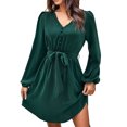 thumbnail image 1 of Gibobby Vestidos de sueter elegantes Otoño/Invierno Nuevo Casual Color sólido Manga larga Cuello en V Vestido de cintura con(Verde,M), 1 of 5