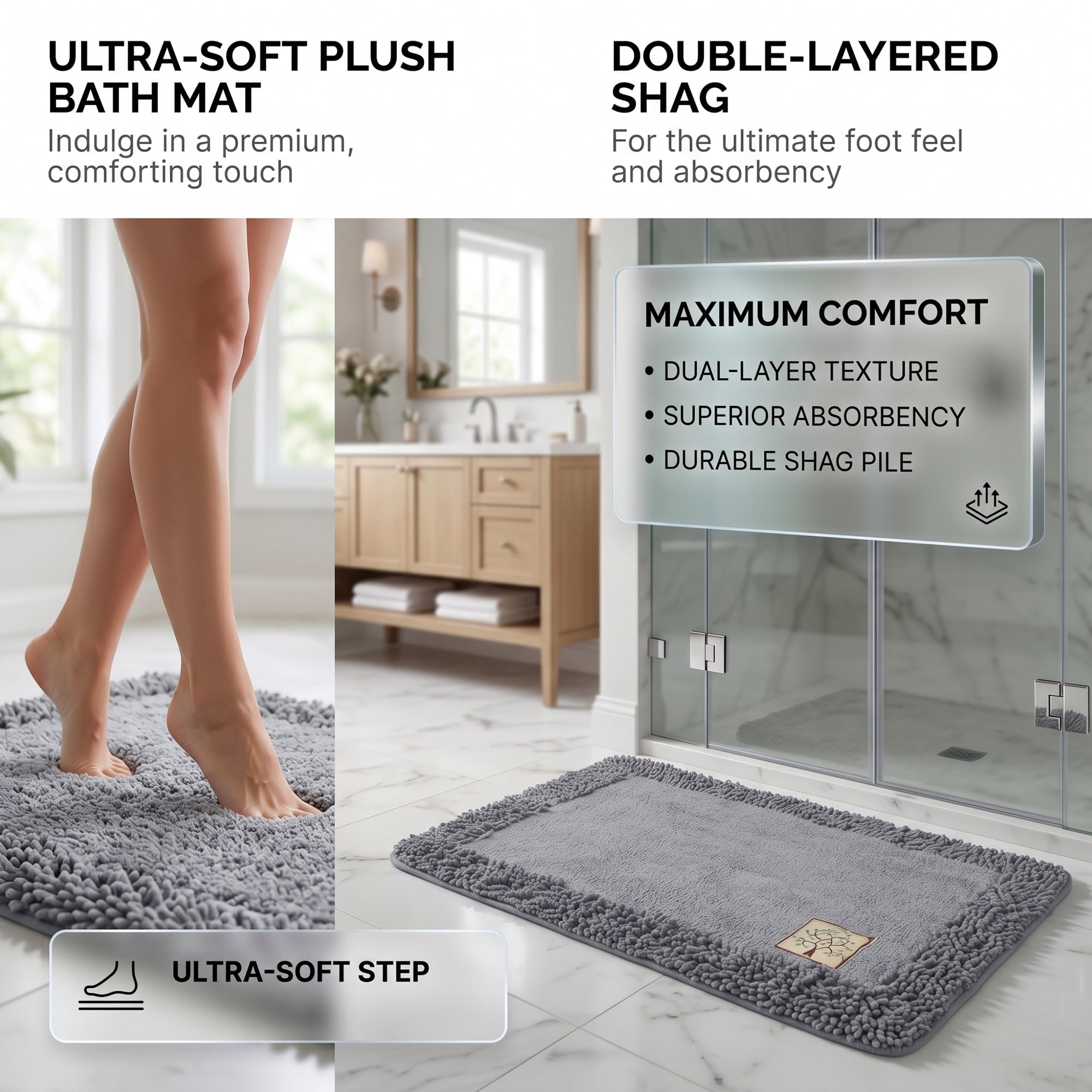 Unique Bargains Chenille Non Slip Bath Mat Ultra Soft Absorbent Shower Rug Grey 32" x 20"