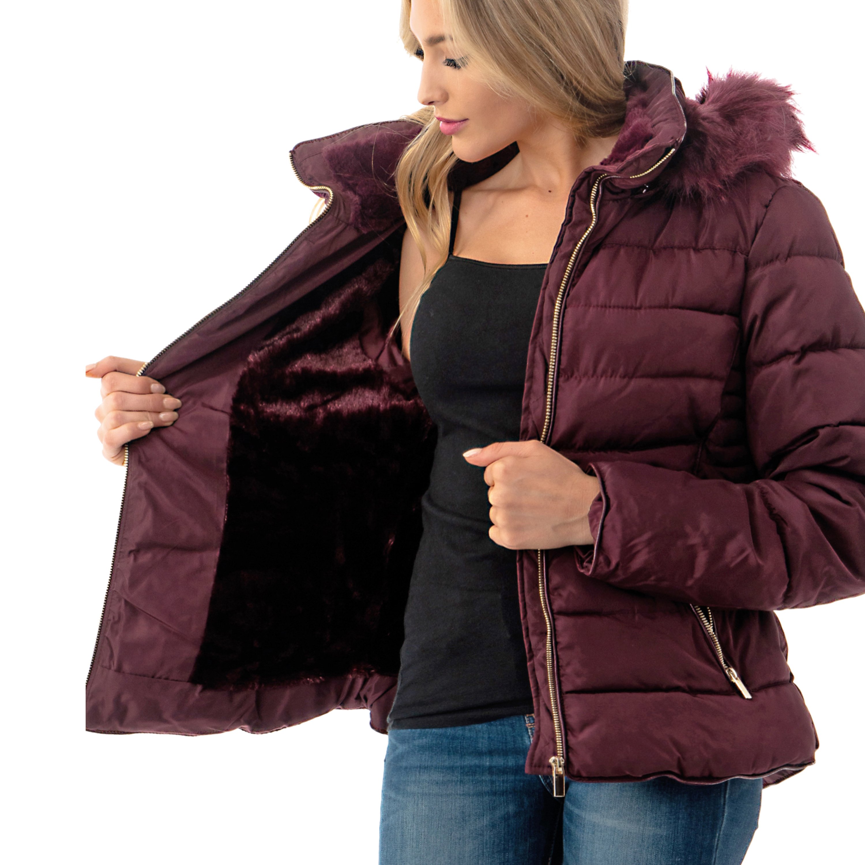 Fashionazzle Women's Short Puffer Coat with Removable Faux Fur Trim Hood Jacket - image 4 of 14
