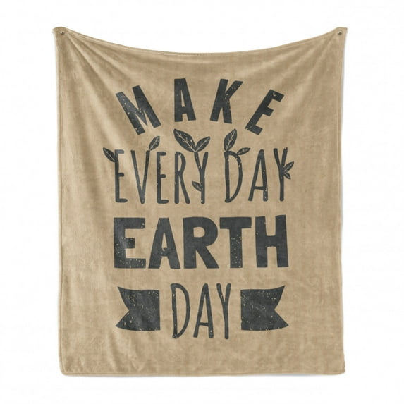 Earthy Soft Flannel Fleece Throw Blanket, Typographic Design Words for Earth Day with Grunge Effect and Leaves, Cozy Plush for Indoor and Outdoor Use, 60" x 80", Charcoal Grey and Tan, by Ambesonne