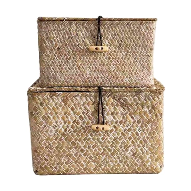 Worallymy, 2 uds., cesta de almacenamiento de cubo tejida a mano de algas marinas, contenedor organizador de maquillaje tejido con tapa Worallymy JD735799724