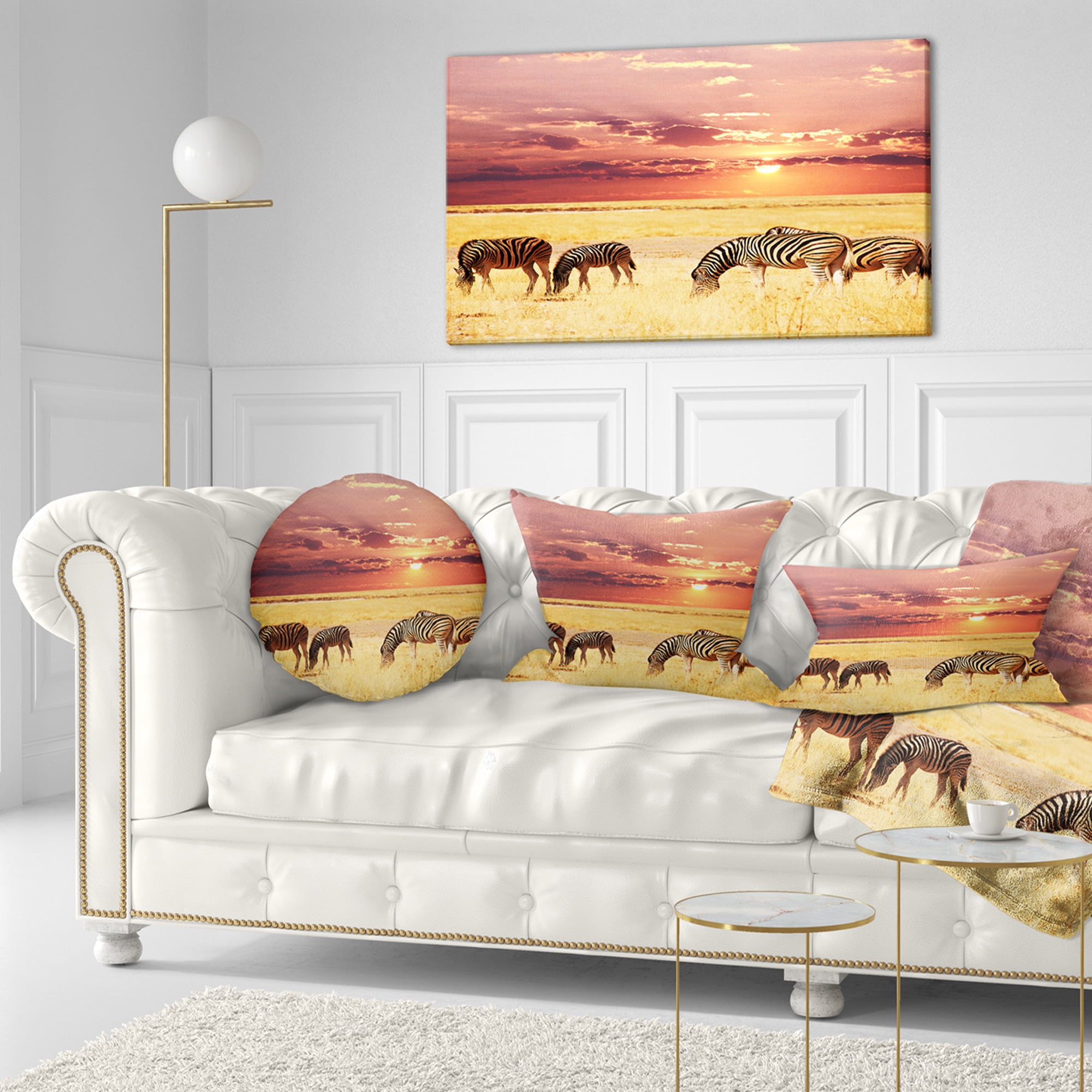 Designart Zebras Grazing Together at Sunset - Modern Landscape Printed Throw Pillow - 12x20
