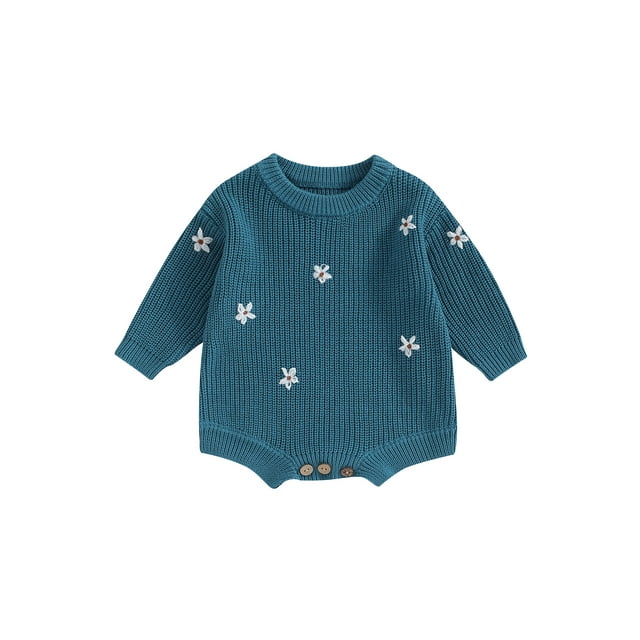 xiaxaixu Baby Boys Girls Sweater Rompers Flower Embroidery Crew Neck Long Sleeve Infant Jumpsuits Fall Toddler Clothes Knit Bodysuits