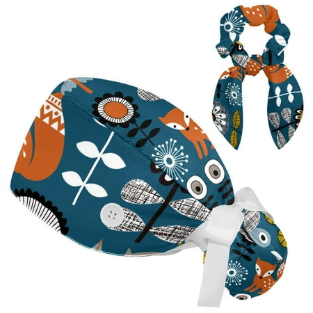 

Working Cap with Buttons and Sweatband Scrub Hat Bouffant Caps with Scrunchie Owl Tie Back Hats