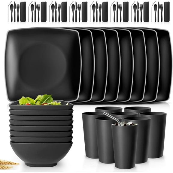 56-piece With Flatware Kitchen Plastic Wheat Straw Square Dinnerware Set for 8, Unbreakable Dinner Plates, Snack Bowls, Tumblers 13.5 oz, Dishwasher Safe, Black