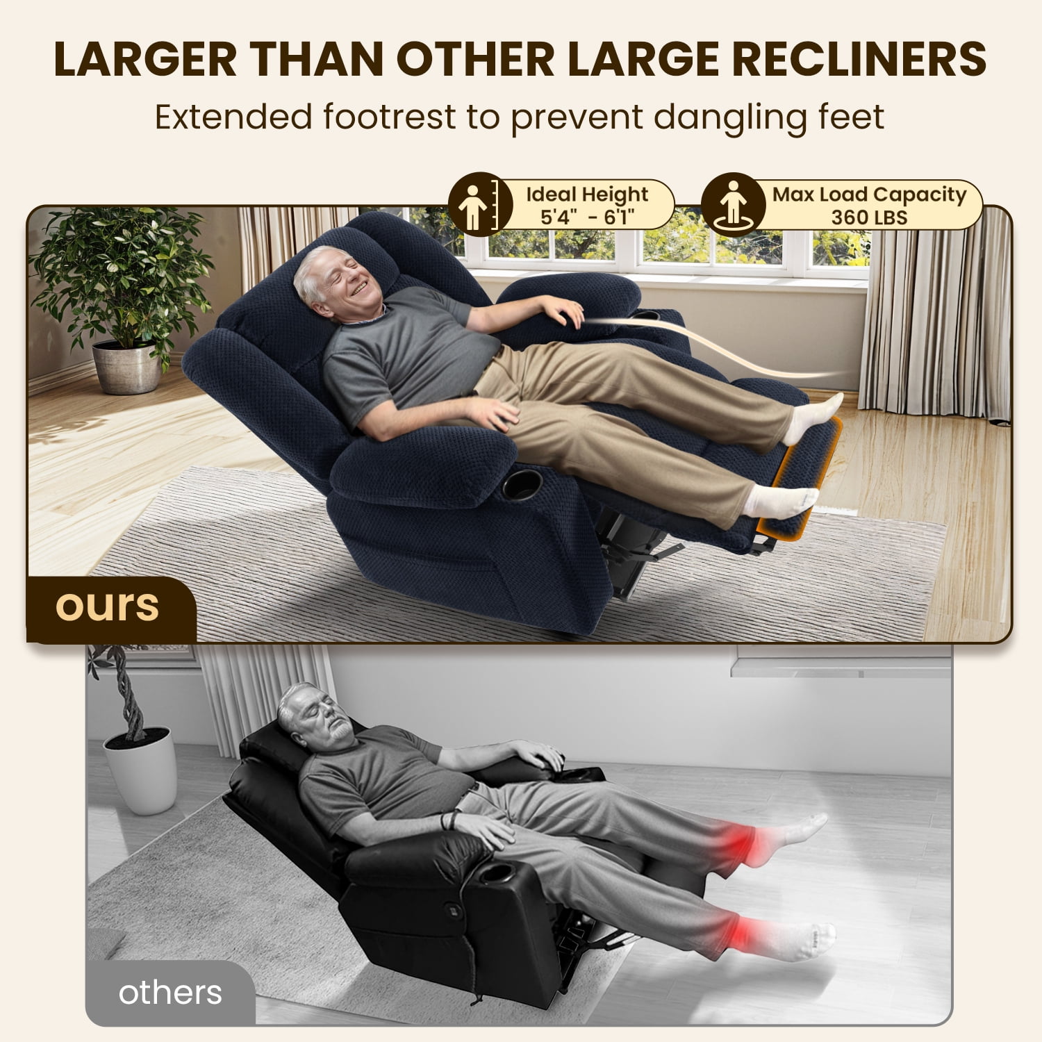 Power Lift Recliner Chair for Elderly with Heating & Vibration Massage, Large Wide Heavy Duty Extended Footrest for Big & Tall, 2 Cup Holders & Side Pockets Plush Flannel