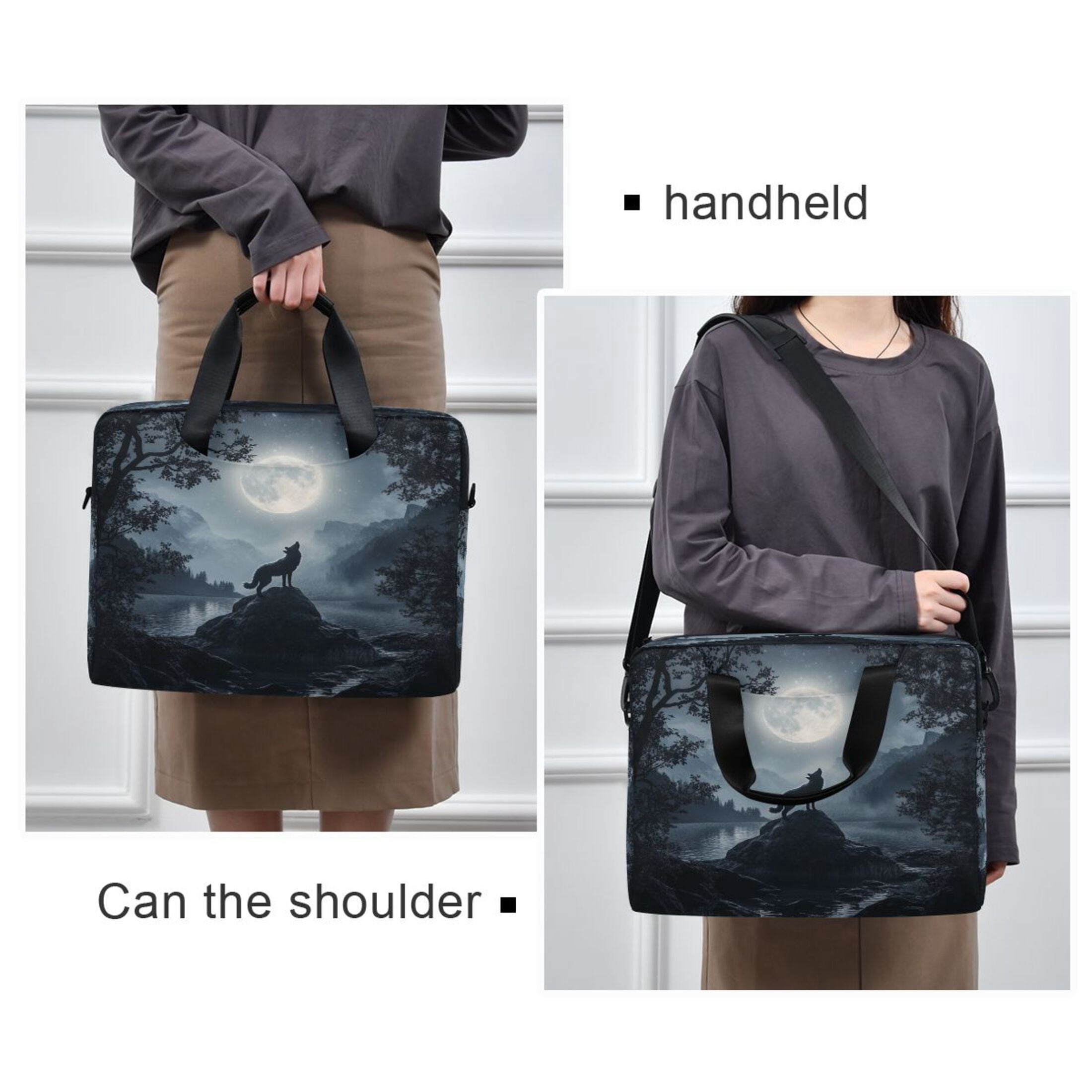 16" Laptop Tote Bag Laptop Sleeve Case Computer Briefcase for Work & Travel Wolf Howling at The Moon