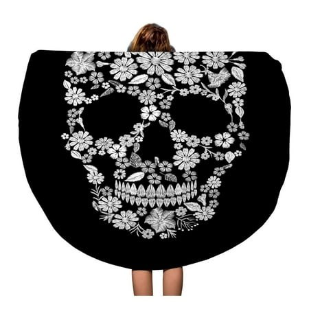 Embroidered Beach Towels SIDONKU 60 inch Round Beach Towel Blanket Vintage Embroidered Flower Skull Muertos Dead Day White Lace Travel Circle Circular Towels Mat Tapestry Beach Throw ()