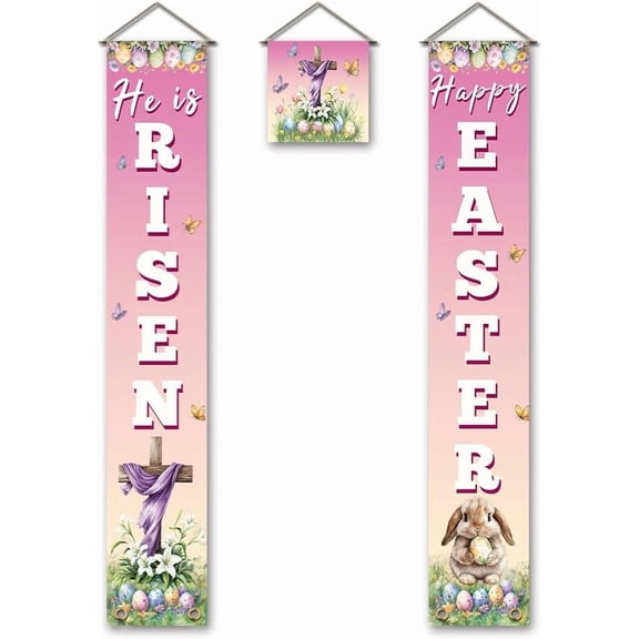 Happy Easter Door Banner Easter Decorations He is Risen Banner Sign Decorative Hanging Welcome Flag Party Decoration Porch Sign