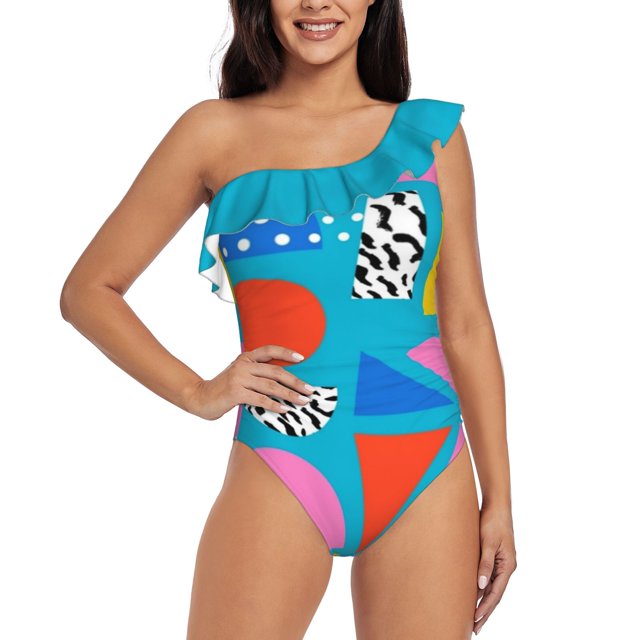 Airhead-Memphis Retro Throwback Minimal Geometric Colorful One Shoulder Ruffle Swimsuits One Piece Swimsuit Women Swimwear