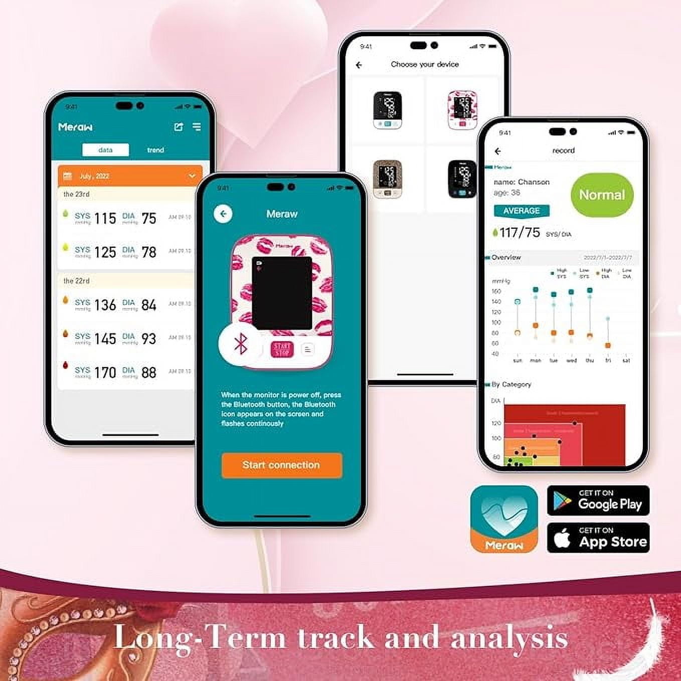 Meraw Cedar Arm Blood Pressure Monitor, Bluetooth App, Automatic Cuff 8.7-16.5", Pink