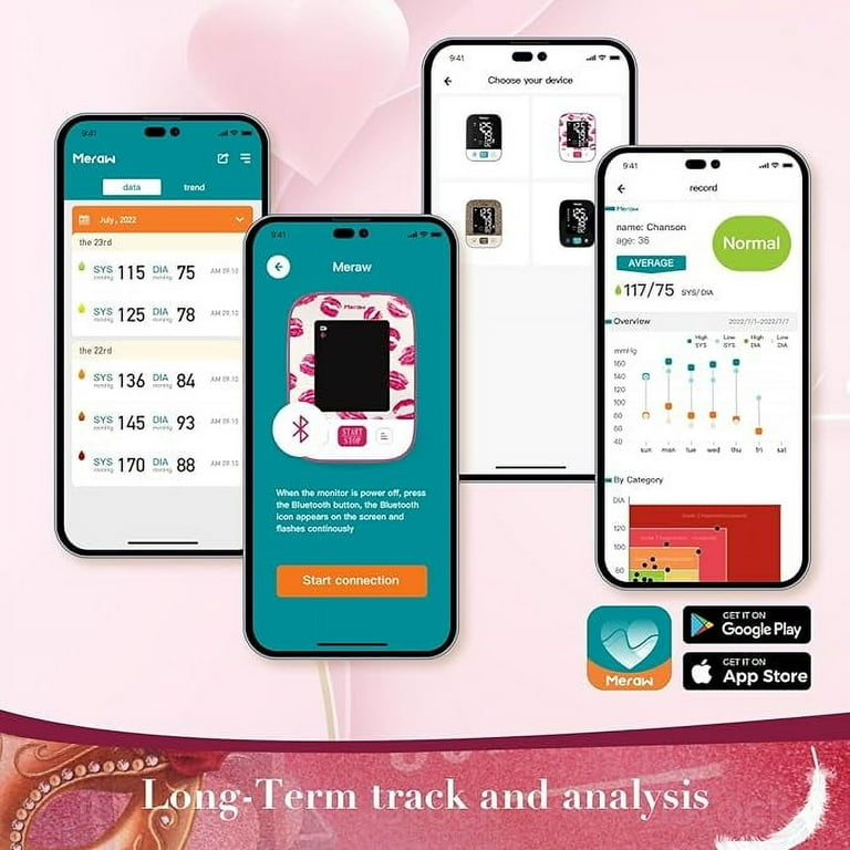 Meraw Digital Arm Blood Pressure Monitor, Automatic Cuff 8.7-16.5", Bluetooth App Tracking, Irregular Heartbeat Monitoring, FSA/HSA Eligible, Pink