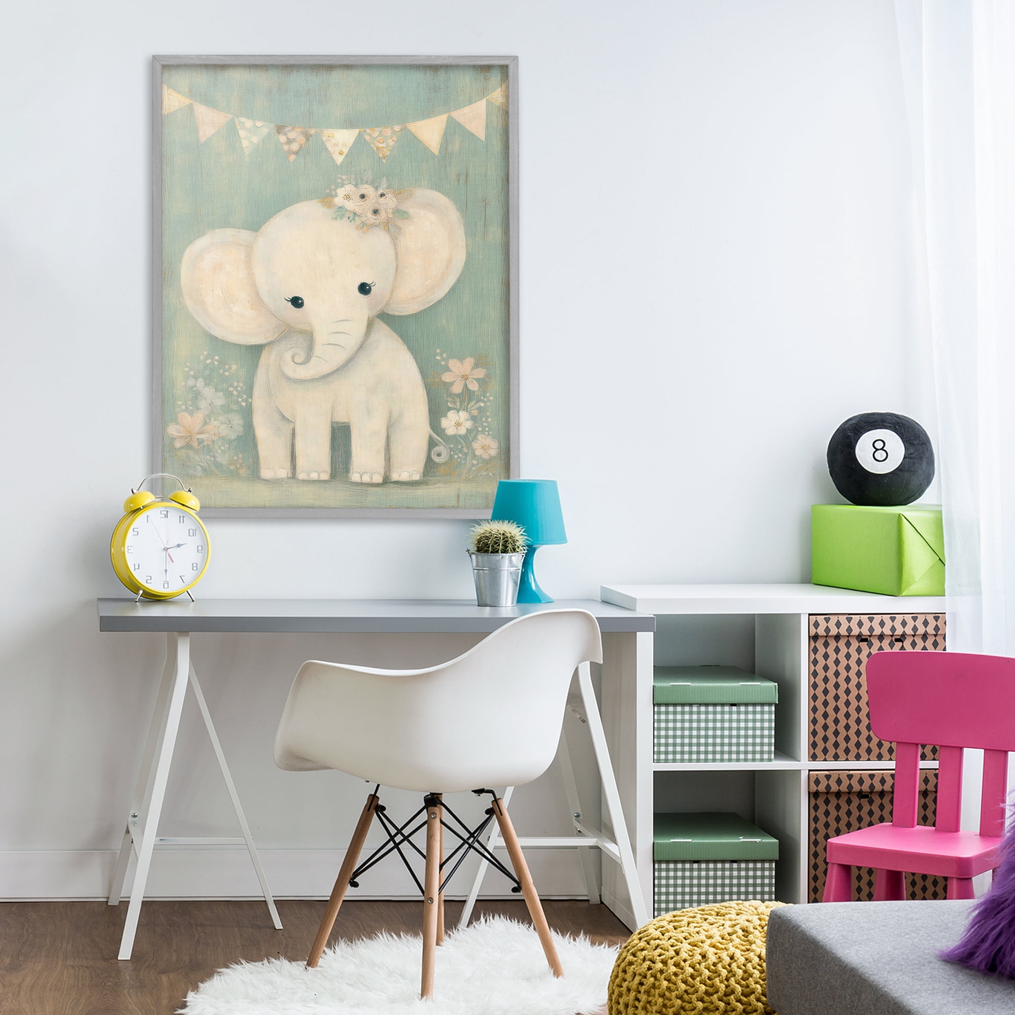 Stupell Industries Elephant with Overhead Banner Gray Framed Giclee Art, design by Ink Drop Loft
