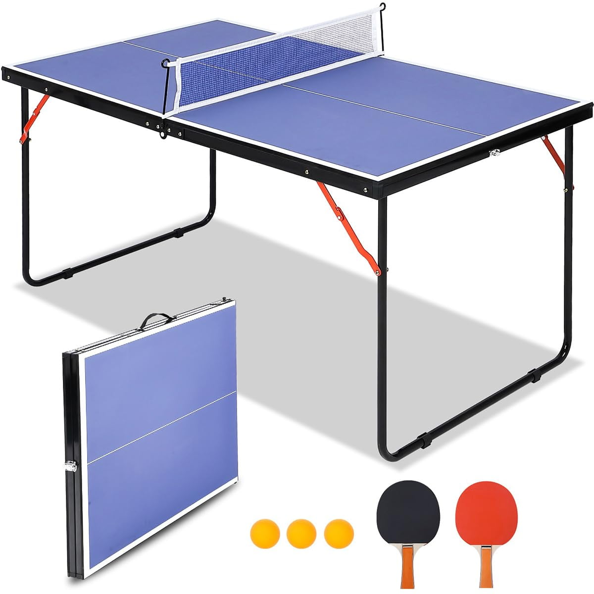 Portable Ping Pong Table, Foldable Table Tennis Table with Net & 2 Paddles & 3 Balls, Portable Ping Pong Family Game Tables for Outdoor Indoor, 54 x 30 x 27 inch, Blue