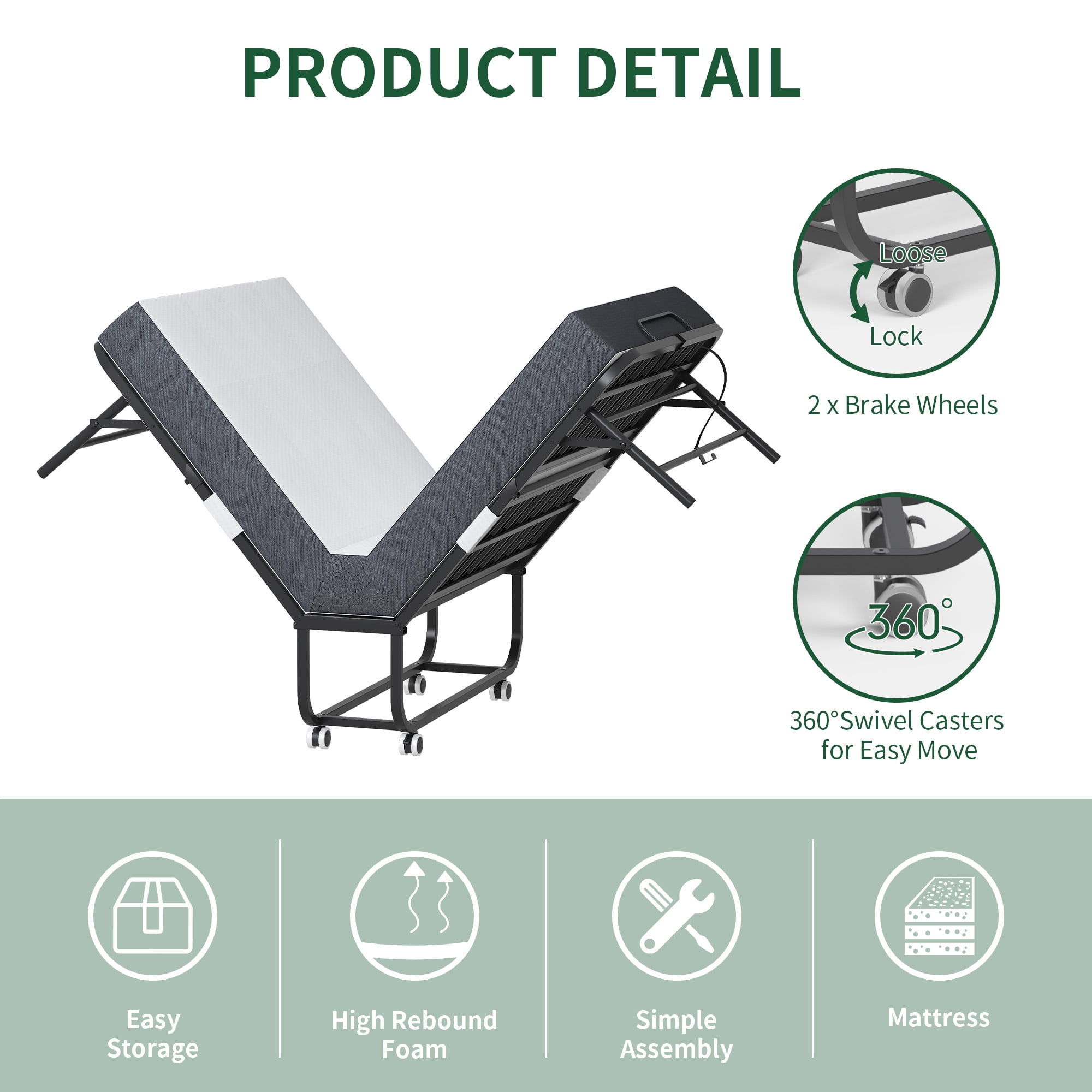 DRNANLIT Folding Bed with Mattress - 75x38 Twin Size Frame - Portable Rollaway Guest Bed with 5-inch Memory Foam Mattress - Space-Saving Foldable Design for Easy Storage